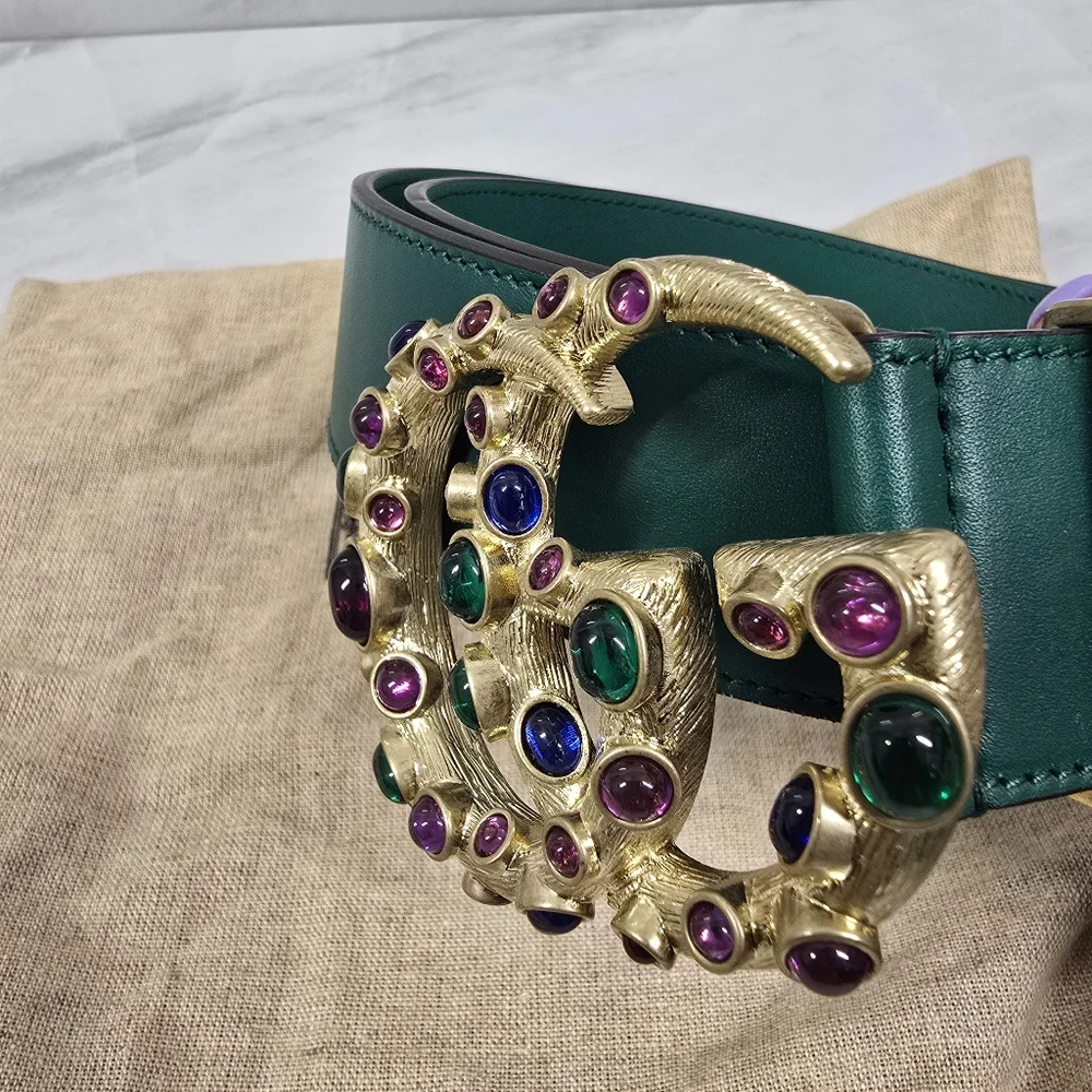 🔥RARE🔥Gucci Green Leather Logo Belt with Jeweled Double G Buckle - Picture 5 of 7